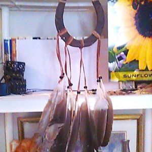 Vintage  Horseshoe With Turkey Feathers Handmade Western Wall Art Good Luck